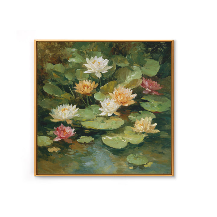 Water Lilies Floating on a Sunlit Pond Framed Canvas Print, Impressionist Art, Living Room Decor, Watercolor Art, Impression, IMP-1x1-73