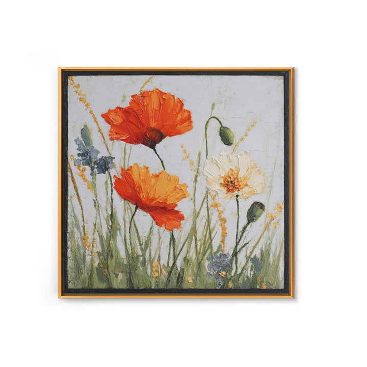 Poppies Blowing Through Green Grass Framed Canvas Print, Impressionist Art, Landscape Art, Living Room Decor, Abstract Art, IMP-1x1-84