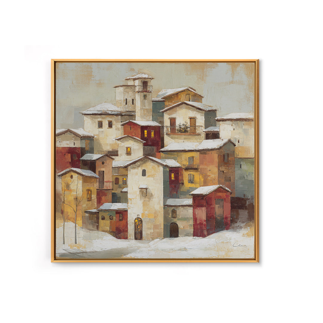 Snowy Village with Warm Glowing Windows Canvas Print, Impressionist Art, Minimalist Decor, Living Room Decor, Impression, IMP-1x1-85