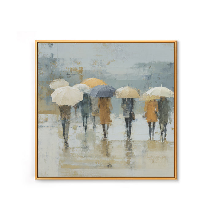 Rainy Boulevard with Umbrella Shapes Framed Canvas Print, Impressionist Art, Wall Art, Living Room Decor, Abstract Art, IMP-1x1-93