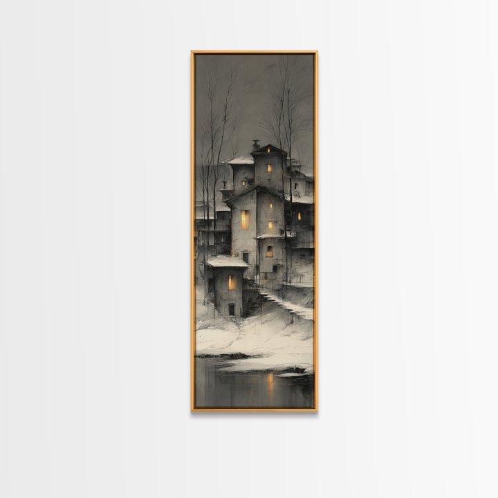 Snowy Village with Warm Glowing Windows Canvas Print, Impressionist Art, Bedroom Decor, Living Room Decor, Fine Art, Impression, IMP-1x3-25