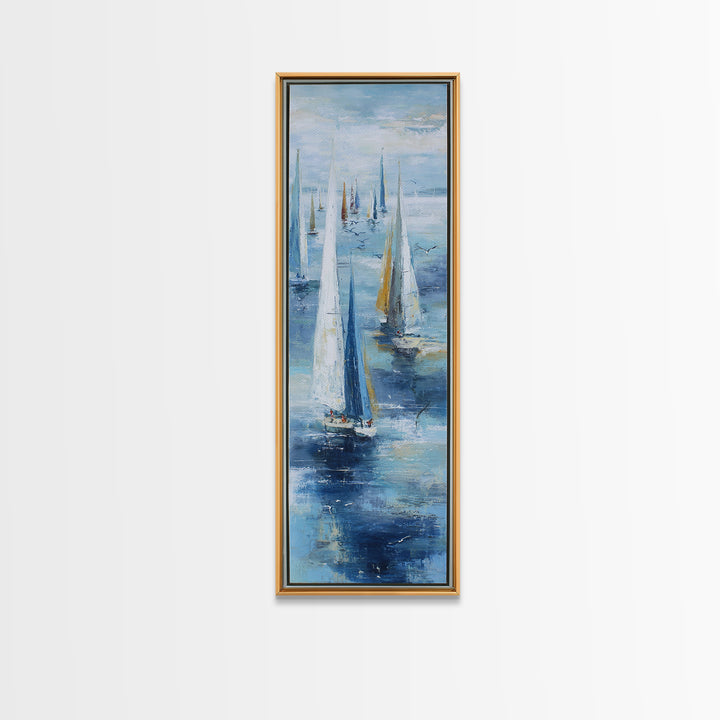 Sailboats on a Bright Sparkling Harbor Framed Canvas Print, Impressionist Art, Wall Art, Living Room Decor, Oil Painting, IMP-1x3-45