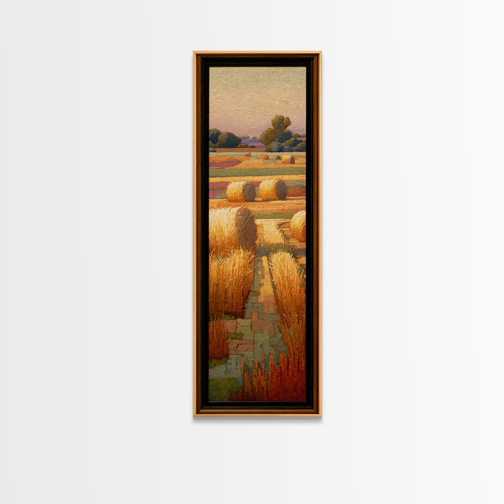 Haystacks Glowing at Golden Hour Framed Canvas Print, Impressionist Art, Living Room Wall Art, Living Room Decor, Impression, IMP-1x3-64