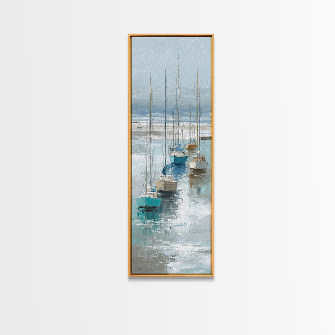 Sailboats on a Bright Sparkling Harbor Framed Canvas Print, Impressionist Art, Wall Art, Living Room Decor, Oil Painting, IMP-1x3-69