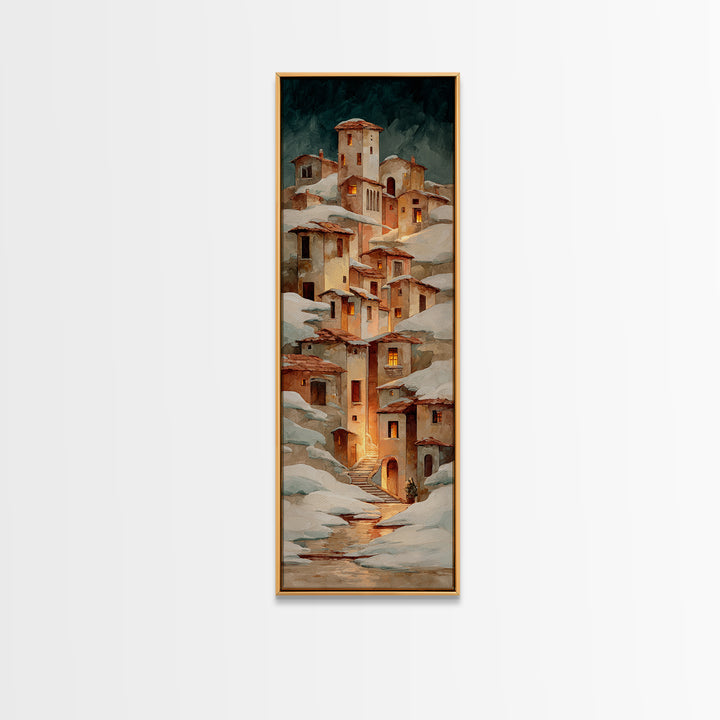 Snowy Village with Warm Glowing Windows Canvas Print, Impressionist Art, Farmhouse Decor, Living Room Decor, Impression, IMP-1x3-73