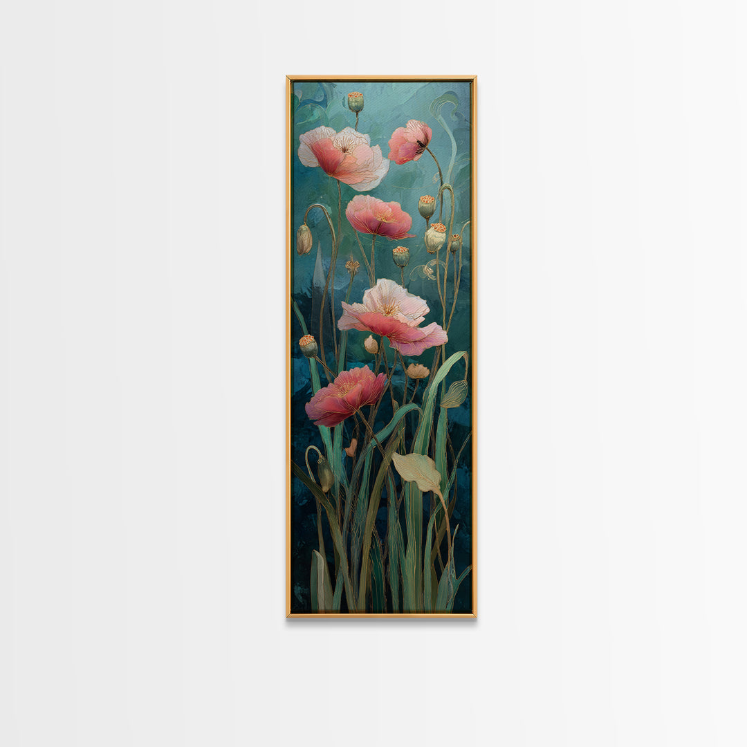Poppies Blowing Through Green Grass Framed Canvas Print, Impressionist Art, Landscape Art, Living Room Decor, Abstract Art, IMP-1x3-96
