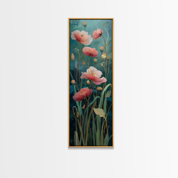 Poppies Blowing Through Green Grass Framed Canvas Print, Impressionist Art, Landscape Art, Living Room Decor, Abstract Art, IMP-1x3-96