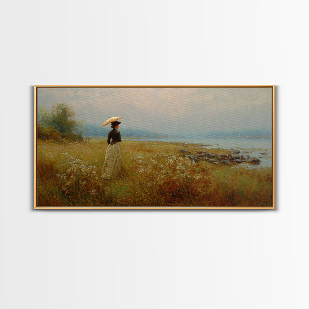 Woman with Parasol in Breezy Meadow Framed Canvas Print, Impressionist Art, Original Art, Living Room Decor, Impression, IMP-2x1-23