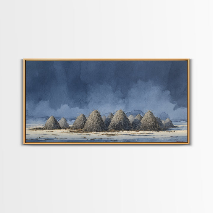 Haystacks Glowing at Golden Hour Framed Canvas Print, Impressionist Art, Minimalist Decor, Living Room Decor, Impression, IMP-2x1-24