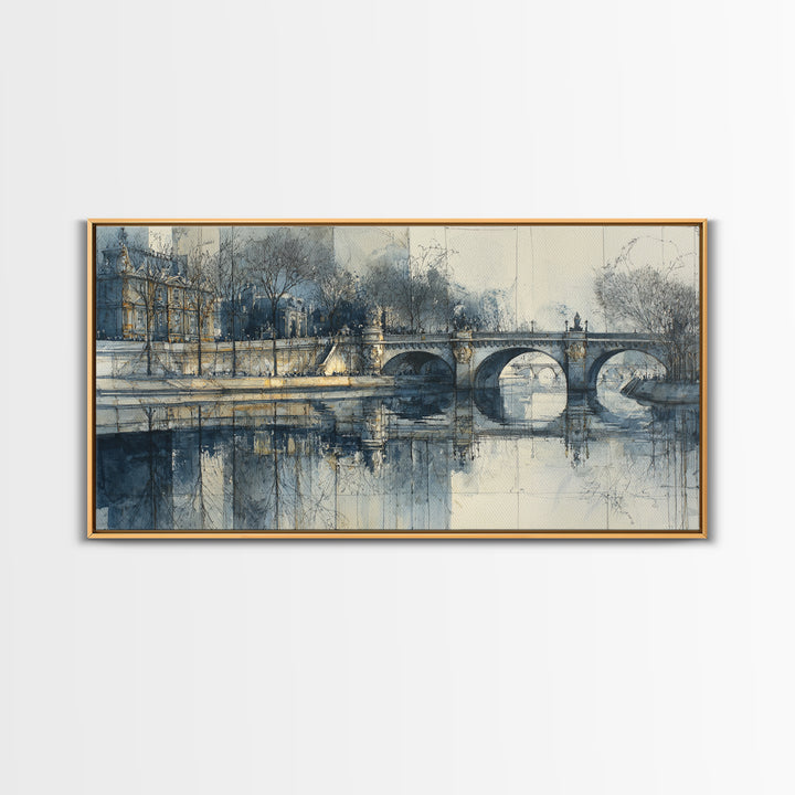 Paris Bridge Reflected Framed Canvas Print, Impressionist Art, Boho Decor, Living Room Decor, Oil Painting, Impression, IMP-2x1-27