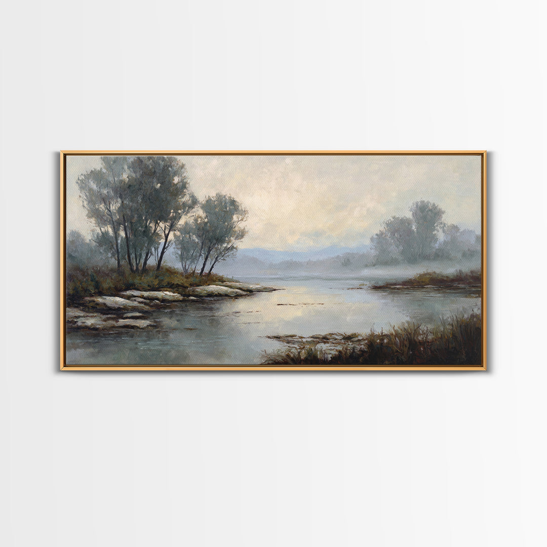 Misty Riverbank with Willow Trees Canvas Print, Impressionist Art, Textured Wall Art, Living Room Decor, Fine Art, Impression, IMP-2x1-31