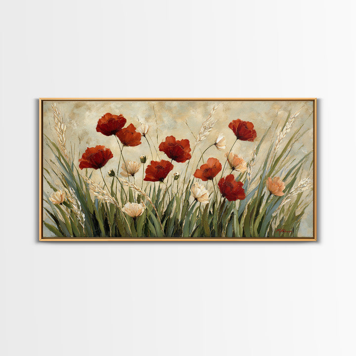 Poppies Blowing Through Green Grass Canvas Print, Impressionist Art, Wall Art, Living Room Decor, Oil Painting, Impression, IMP-2x1-32