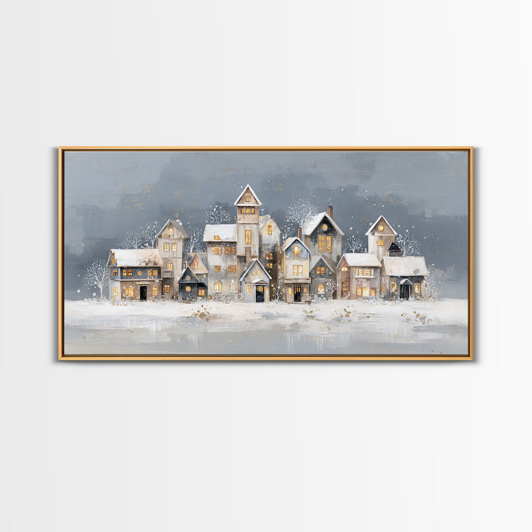 Snowy Village with Warm Glowing Windows Framed Canvas Print, Impressionist Art, Art Print, Living Room Decor, Impression, IMP-2x1-33