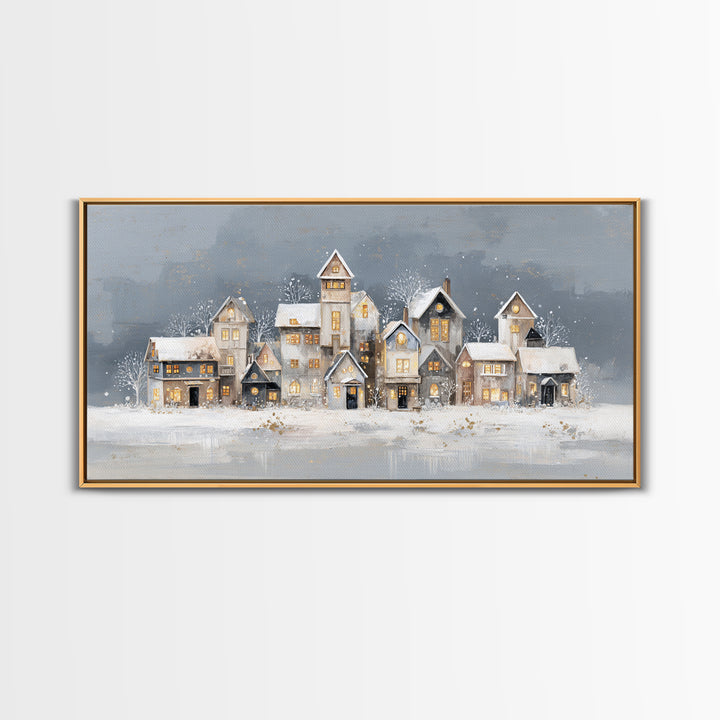 Snowy Village with Warm Glowing Windows Framed Canvas Print, Impressionist Art, Art Print, Living Room Decor, Impression, IMP-2x1-33
