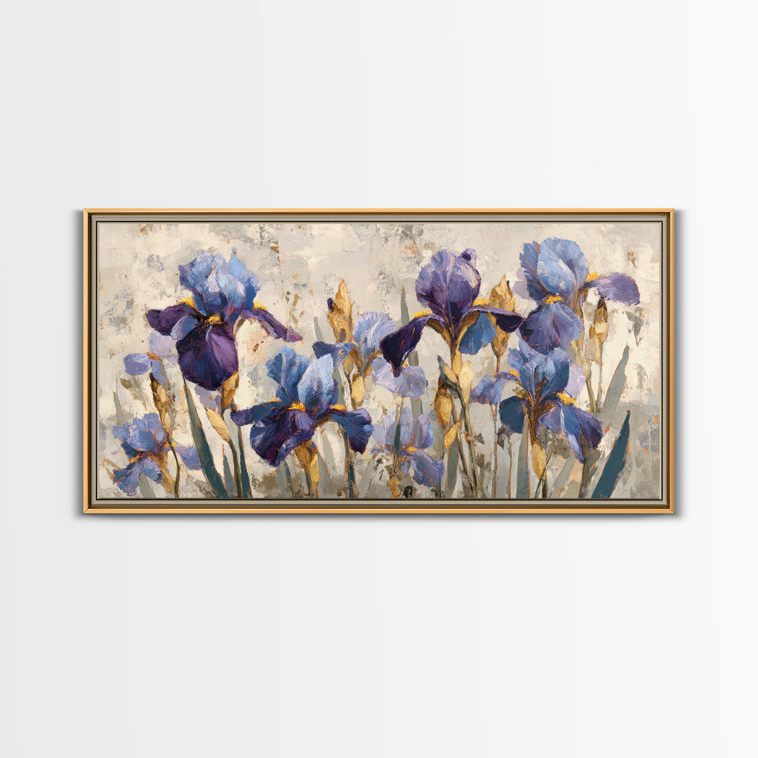 Iris Garden with Blue Violet Strokes Framed Canvas Print, Impressionist Art, Wall Decor, Living Room Decor, Impression, IMP-2x1-40