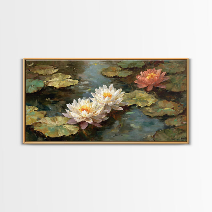 Water Lilies Floating on a Sunlit Pond Framed Canvas Print, Impressionist Art, Farmhouse Decor, Living Room Decor, Impression, IMP-2x1-45