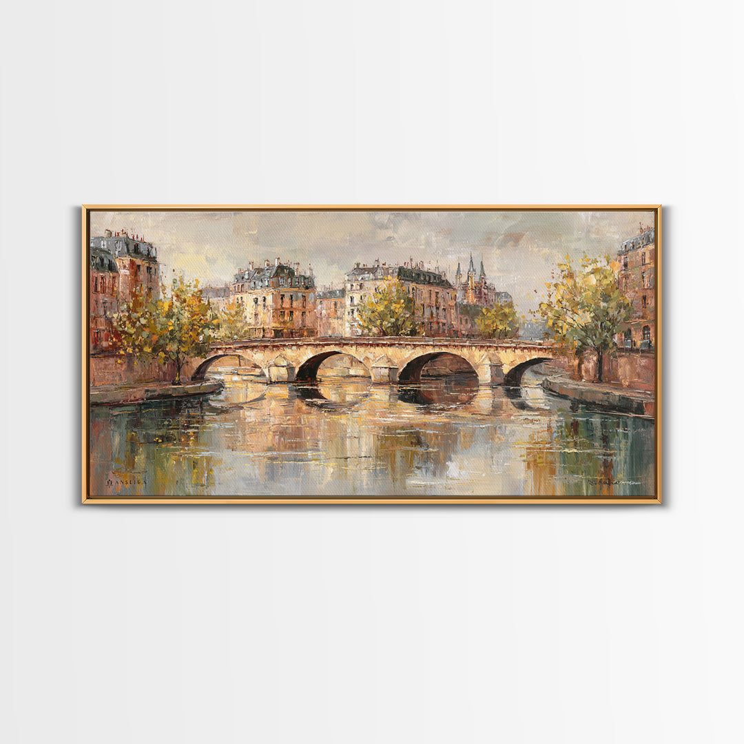 Paris Bridge Reflected Framed Canvas Print, Impressionist Art, Wall Art Framed, Living Room Decor, Watercolor Art, Impression, IMP-2x1-51