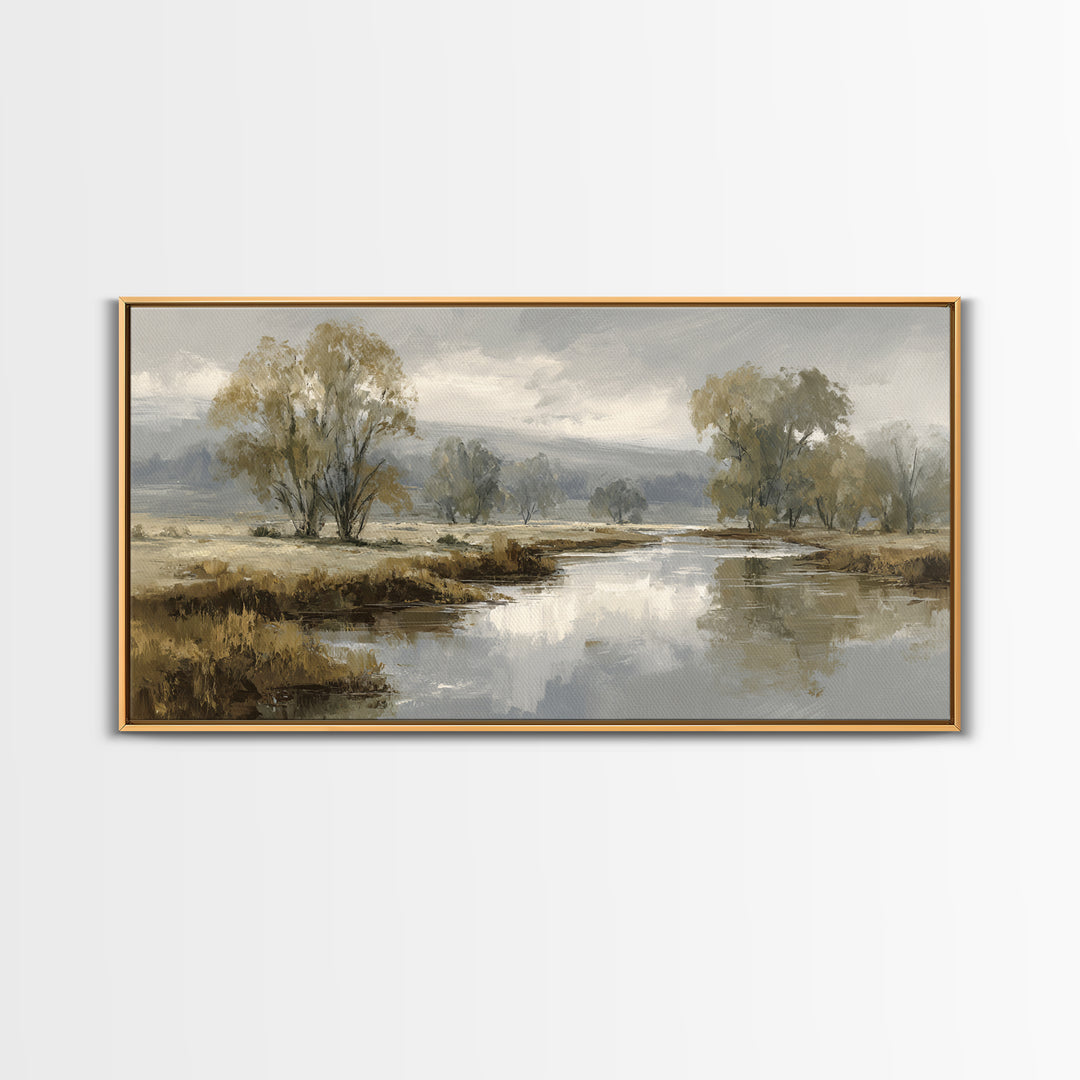 Misty Riverbank with Willow Trees Framed Canvas Print, Impressionist Art, Modern Wall Art, Living Room Decor, Impression, IMP-2x1-55