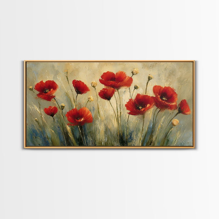 Poppies Blowing Through Green Grass Framed Canvas Print, Impressionist Art, Original Painting, Living Room Decor, Impression, IMP-2x1-56