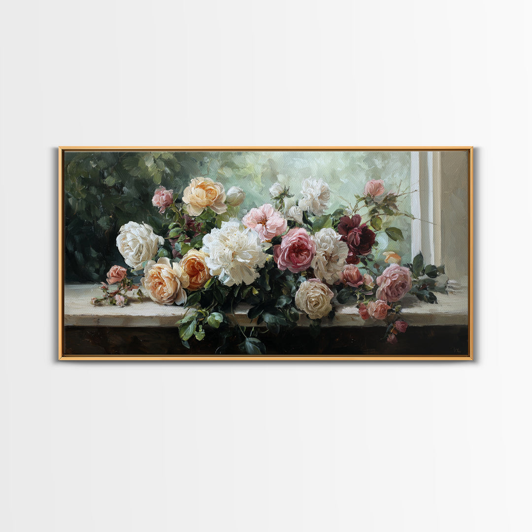 Caf Table with Flowers and Morning Light Canvas Print, Impressionist Art, Minimalist Decor, Living Room Decor, Impression, IMP-2x1-6