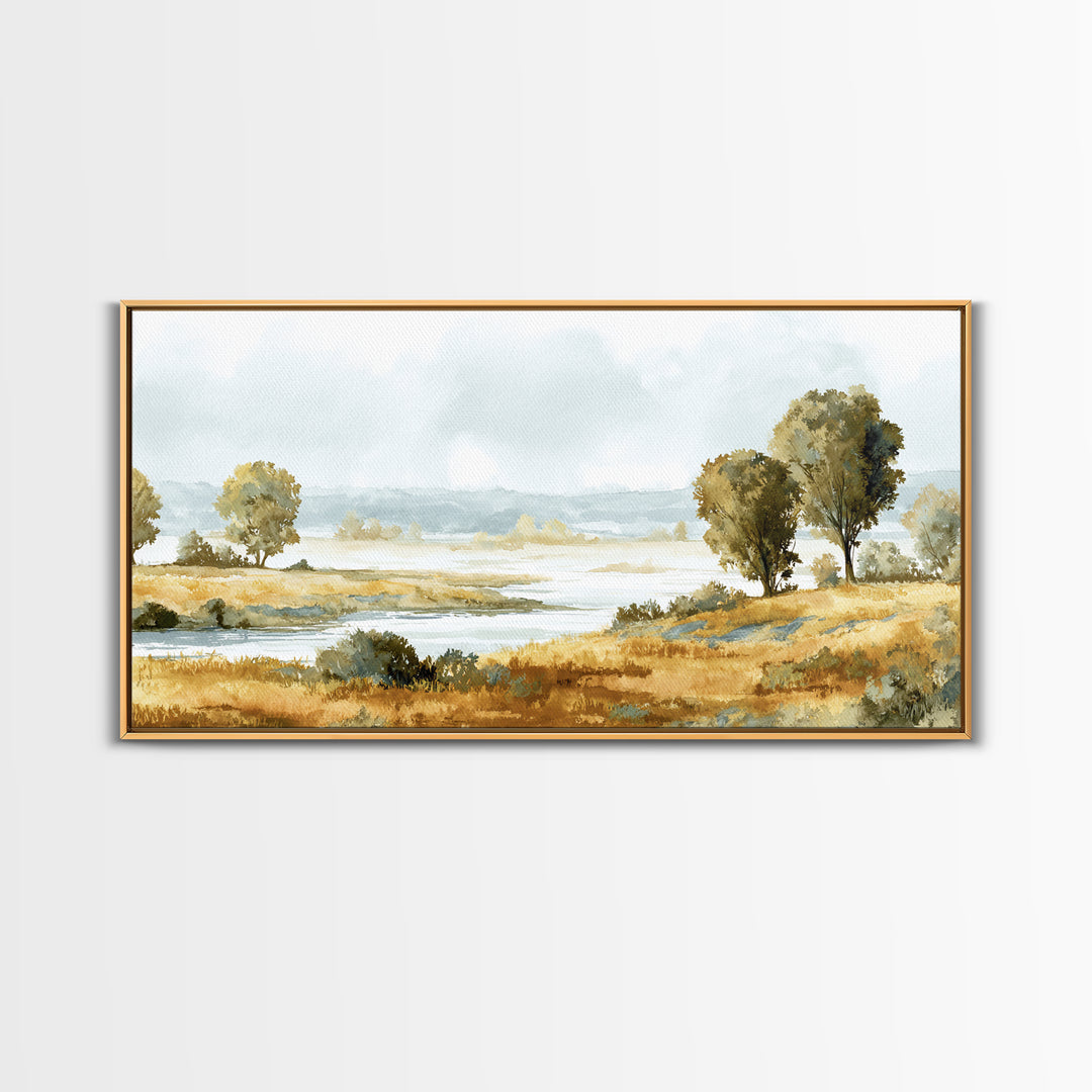 Misty Riverbank with Willow Trees Framed Canvas Print, Impressionist Art, Printable Wall Art, Living Room Decor, Impression, IMP-2x1-7