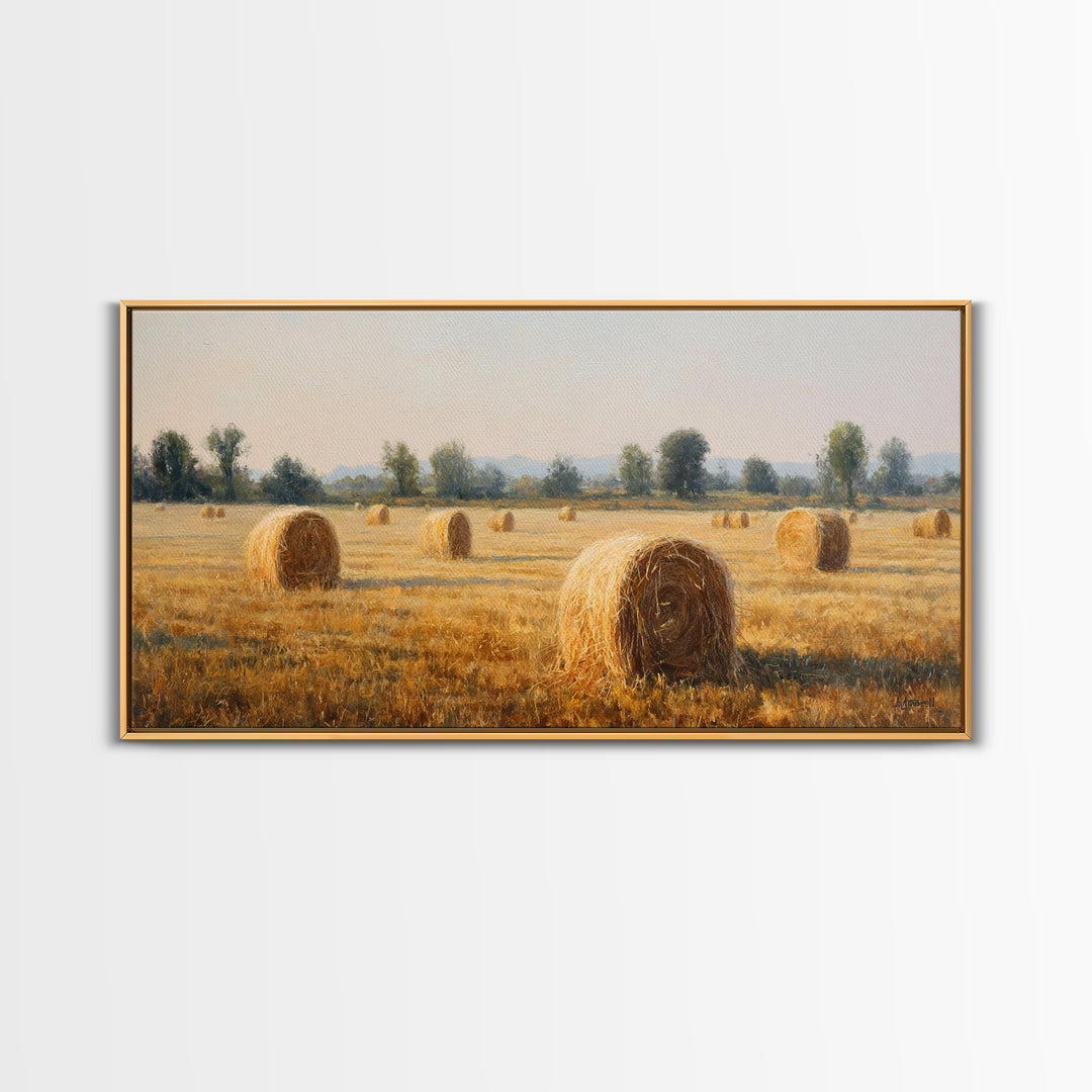 Haystacks Glowing at Golden Hour Framed Canvas Print, Impressionist Art, Bedroom Decor, Living Room Decor, Fine Art, Impression, IMP-2x1-72