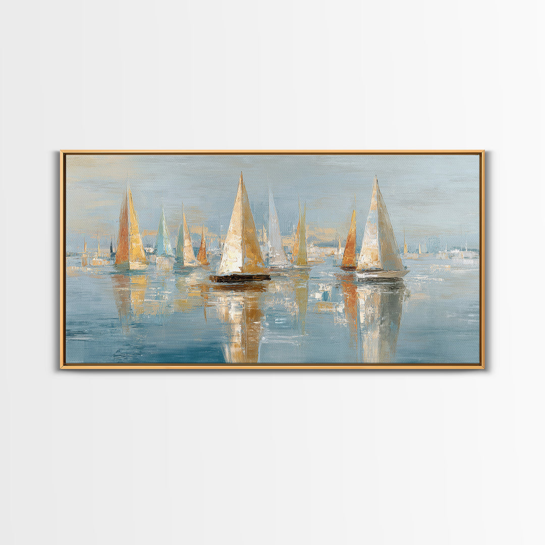 Sailboats on a Bright Sparkling Harbor Canvas Print, Impressionist Art, Horizontal Wall Art, Living Room Decor, Oil Painting, IMP-2x1-77