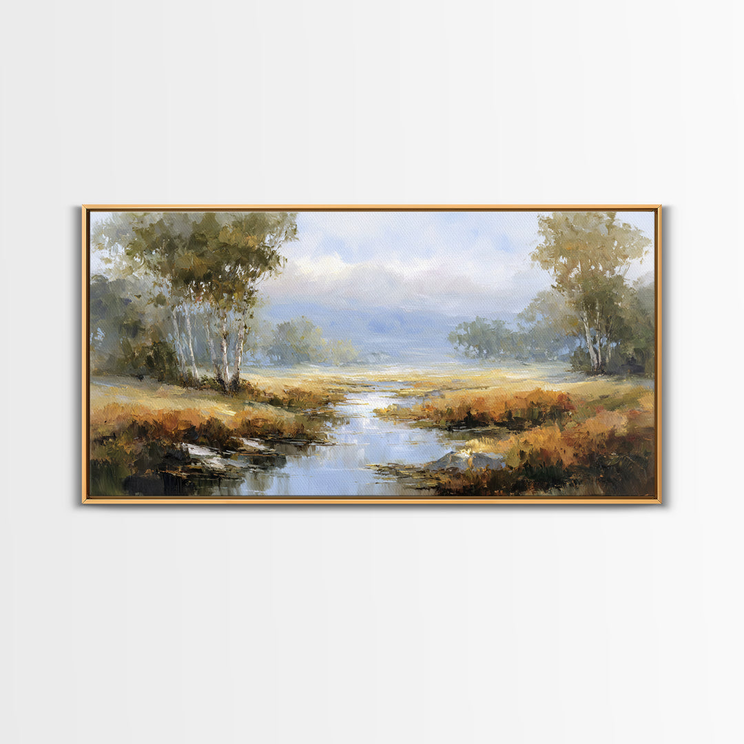 Misty Riverbank with Willow Trees Framed Canvas Print, Impressionist Art, Flower Print, Living Room Decor, Fine Art, Impression, IMP-2x1-79