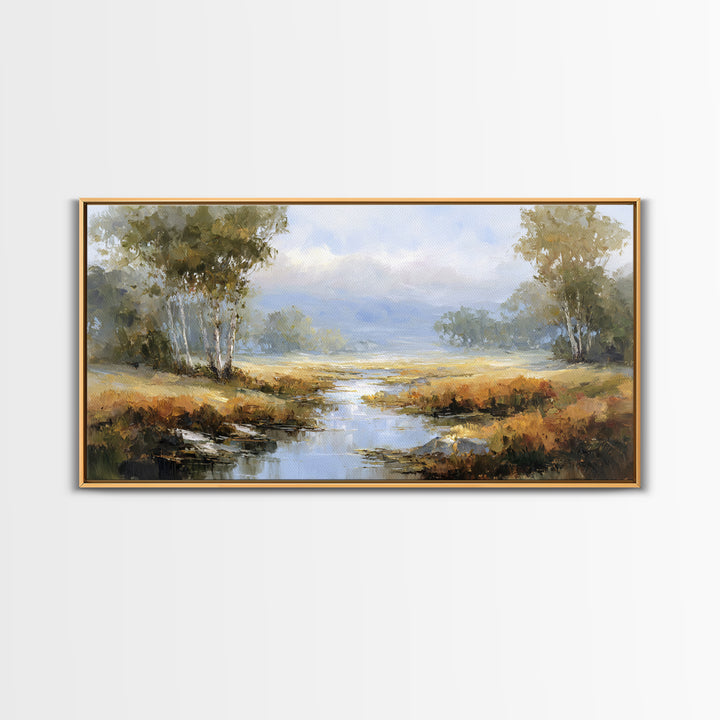 Misty Riverbank with Willow Trees Framed Canvas Print, Impressionist Art, Flower Print, Living Room Decor, Fine Art, Impression, IMP-2x1-79