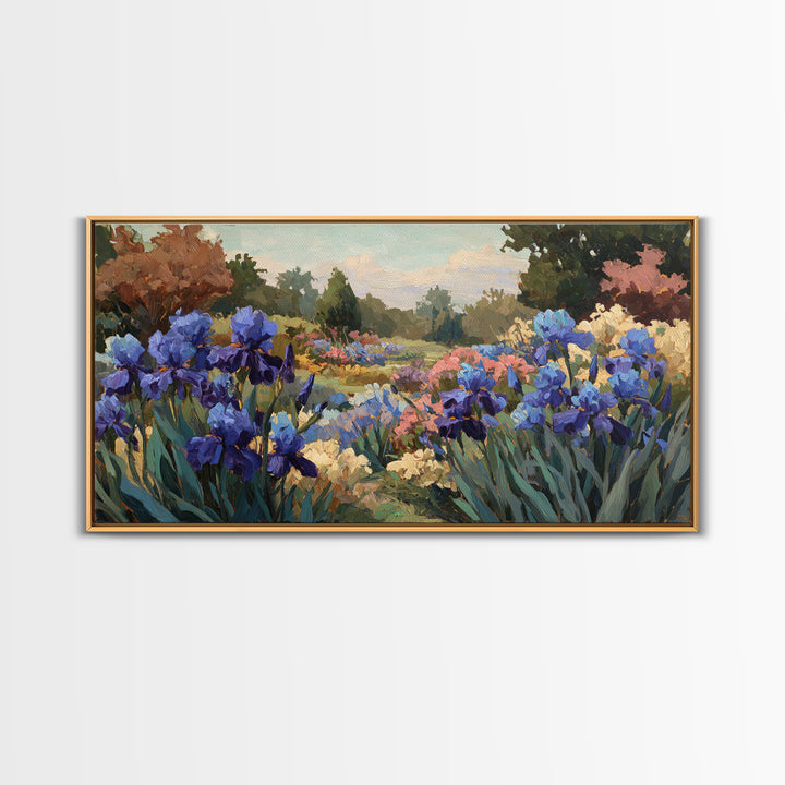 Iris Garden with Blue Violet Strokes Framed Canvas Print, Impressionist Art, Living Room Decor, Watercolor Art, Impression, IMP-2x1-88