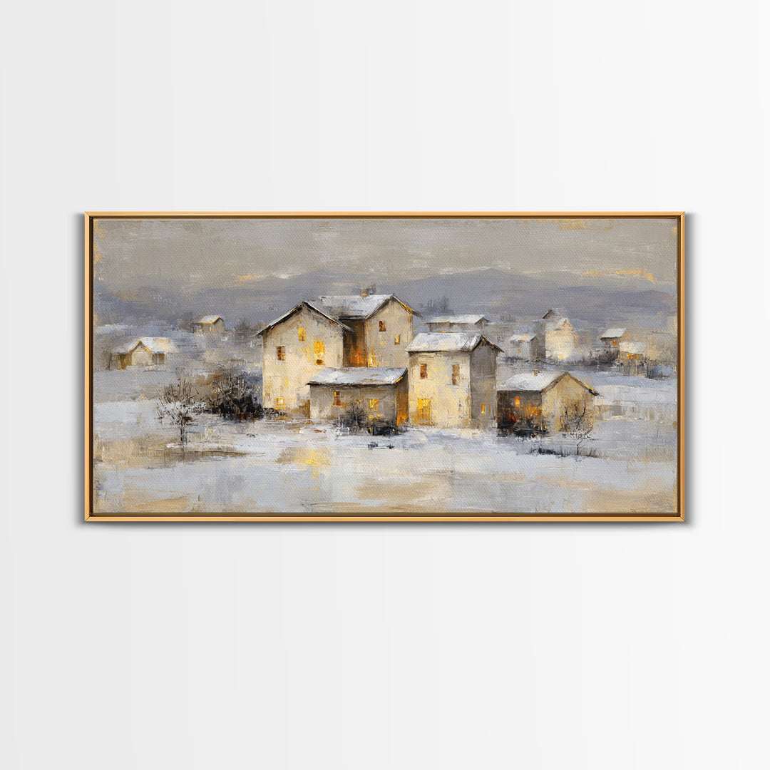 Snowy Village with Warm Glowing Windows Framed Canvas Print, Impressionist Art, Art Print, Living Room Decor, Impression, IMP-2x1-9