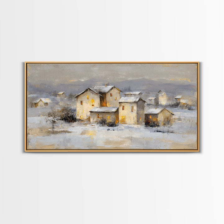 Snowy Village with Warm Glowing Windows Framed Canvas Print, Impressionist Art, Art Print, Living Room Decor, Impression, IMP-2x1-9