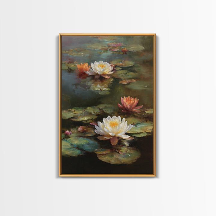 Water Lilies Floating on a Sunlit Pond Canvas Print, Impressionist Art, Wall Art Framed, Living Room Decor, Impression, IMP-2x3-33