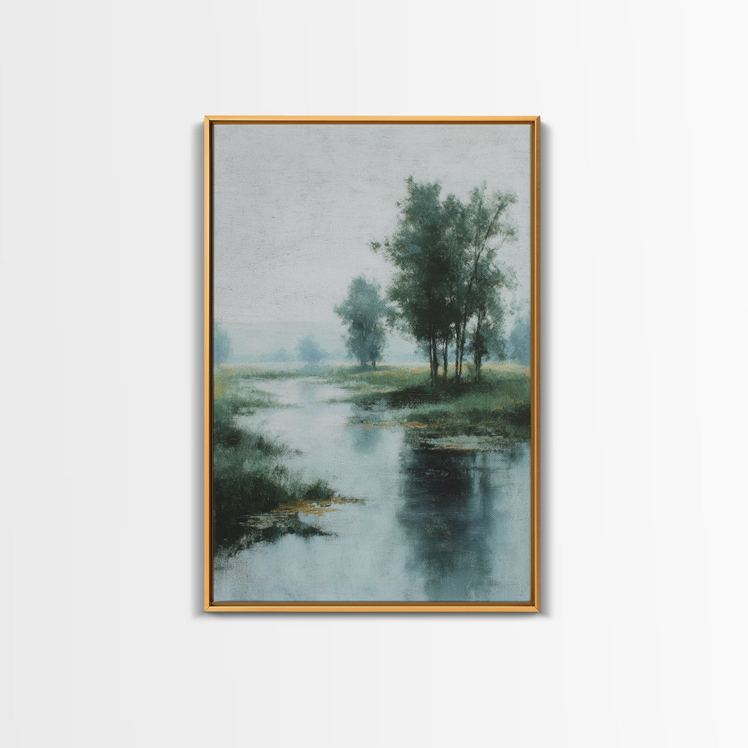 Misty Riverbank with Willow Trees Framed Canvas Print, Impressionist Art, Textured Wall Art, Living Room Decor, Impression, IMP-2x3-43