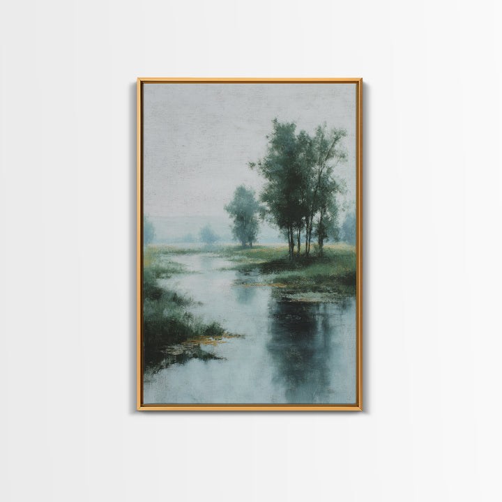 Misty Riverbank with Willow Trees Framed Canvas Print, Impressionist Art, Textured Wall Art, Living Room Decor, Impression, IMP-2x3-43