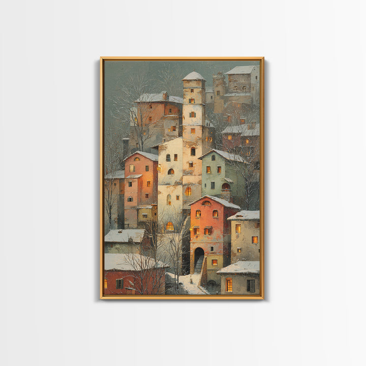 Snowy Village with Warm Glowing Windows Canvas Print, Impressionist Art, Farmhouse Decor, Living Room Decor, Impression, IMP-2x3-45