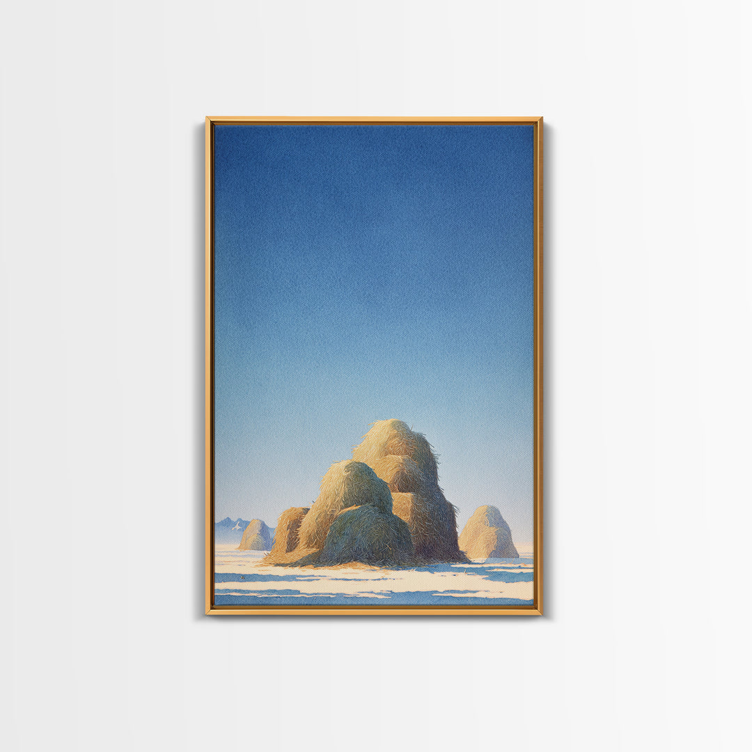 Haystacks Glowing at Golden Hour Framed Canvas Print, Impressionist Art, Modern Decor, Living Room Decor, Fine Art, Impression, IMP-2x3-84