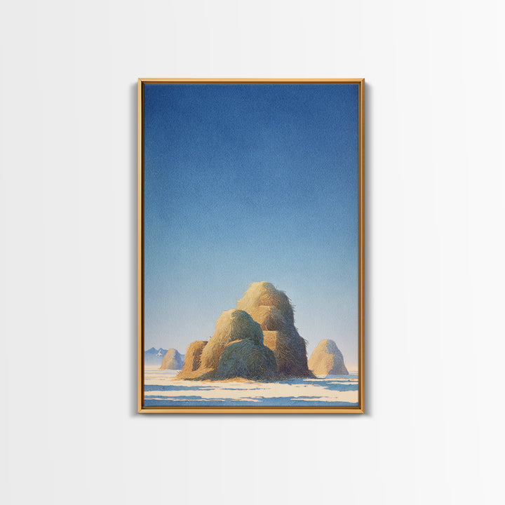 Haystacks Glowing at Golden Hour Framed Canvas Print, Impressionist Art, Modern Decor, Living Room Decor, Fine Art, Impression, IMP-2x3-84