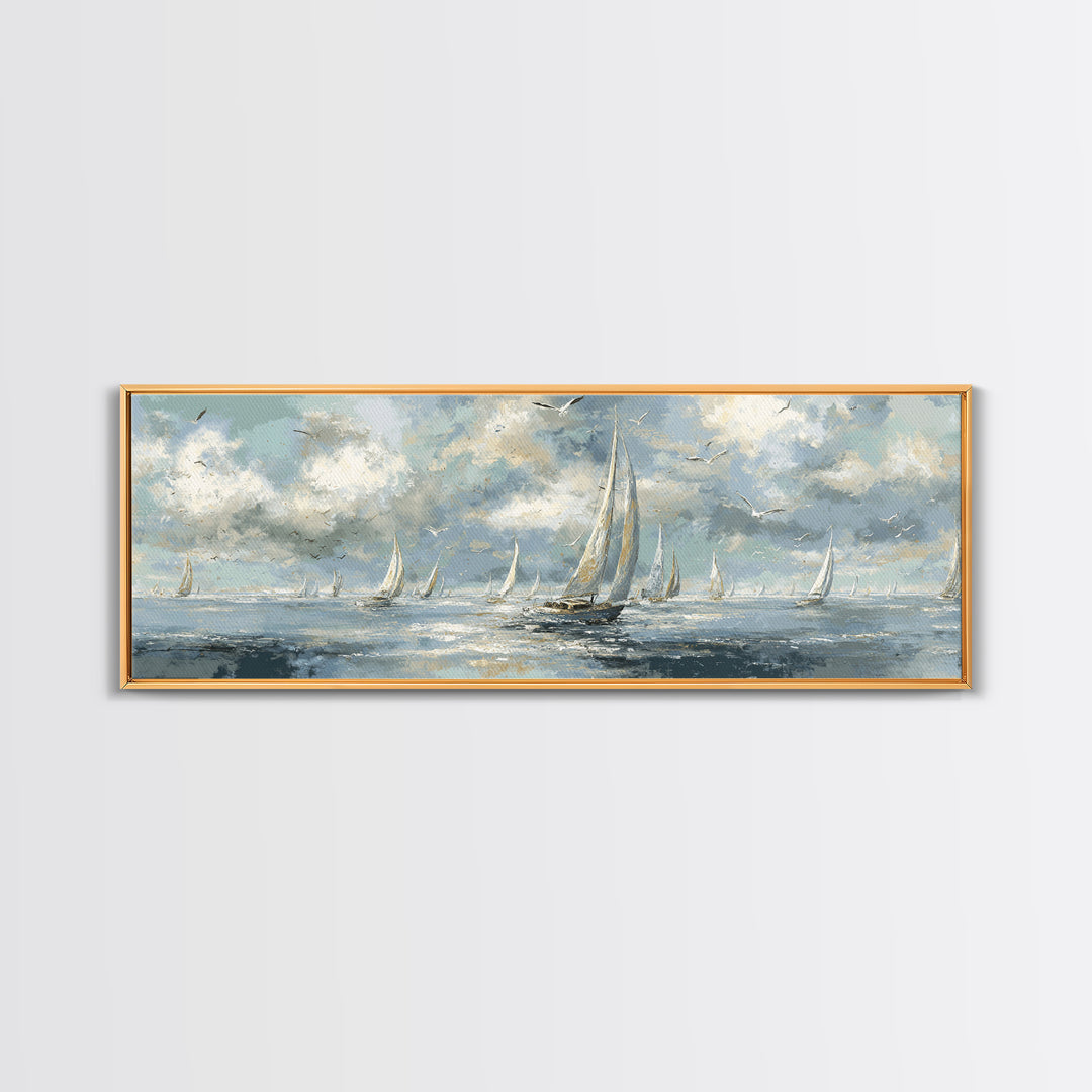 Sailboats on a Bright Sparkling Harbor Canvas Print, Impressionist Art, Abstract Painting, Living Room Decor, Impression, IMP-3x1-1