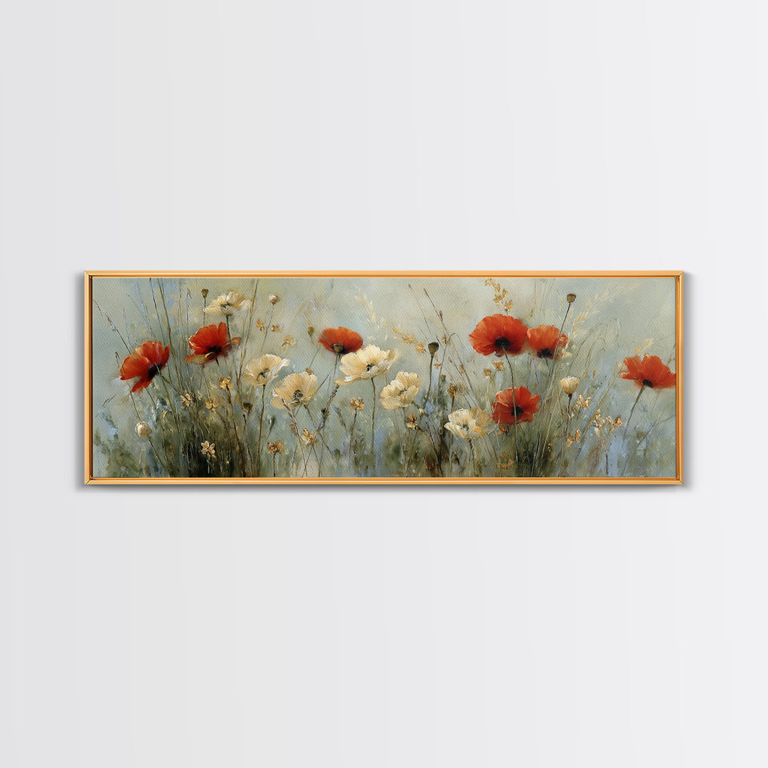 Poppies Blowing Through Green Grass Canvas Print, Impressionist Art, Living Room Decor, Abstract Art, Impression, IMP-3x1-100