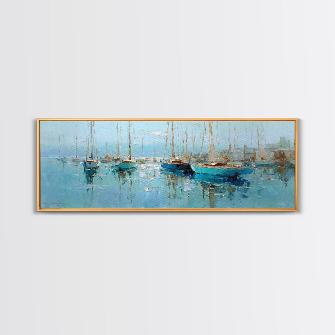 Sailboats on a Bright Sparkling Harbor Canvas Print, Impressionist Art, Landscape Art, Living Room Decor, Abstract Art, IMP-3x1-25
