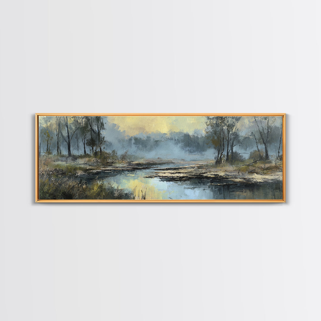 Misty Riverbank with Willow Trees Framed Canvas Print, Impressionist Art, Textured Painting, Living Room Decor, Impression, IMP-3x1-27