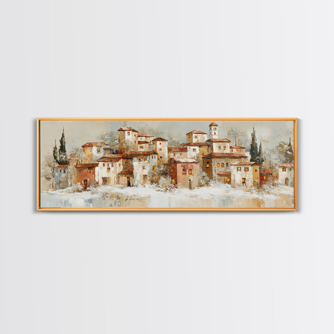 Snowy Village with Warm Glowing Windows Canvas Print, Impressionist Art, Floral Wall Art, Living Room Decor, Oil Painting, IMP-3x1-29