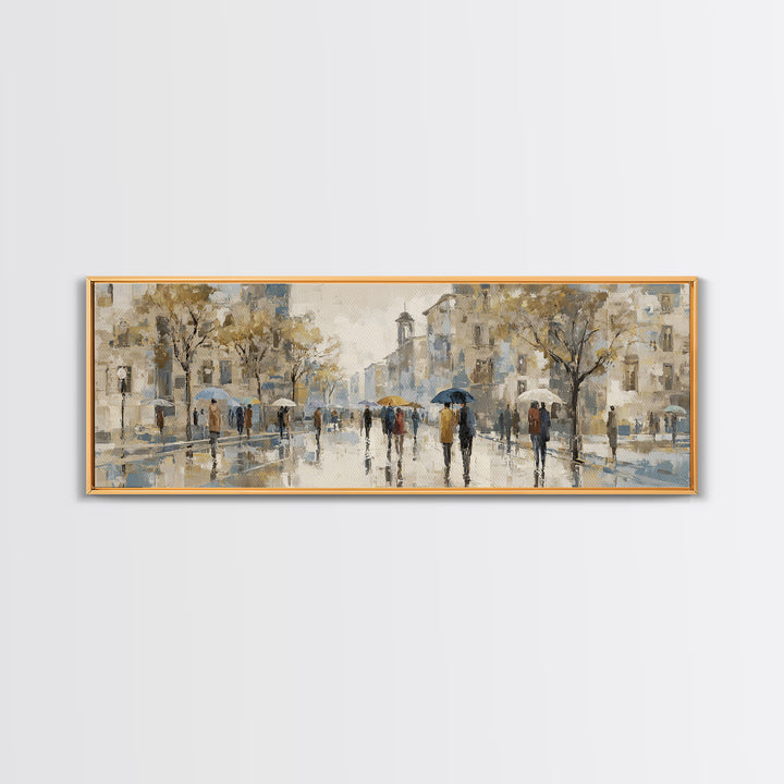 Rainy Boulevard with Umbrella Shapes Canvas Print, Impressionist Art, Landscape Painting, Living Room Decor, Impression, IMP-3x1-37