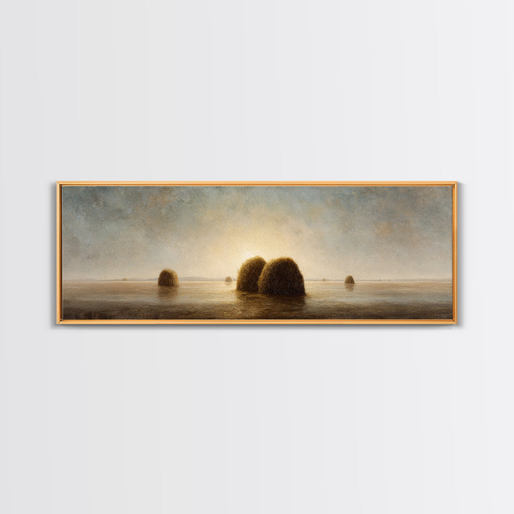 Haystacks Glowing at Golden Hour Framed Canvas Print, Impressionist Art, Modern Decor, Living Room Decor, Fine Art, Impression, IMP-3x1-44