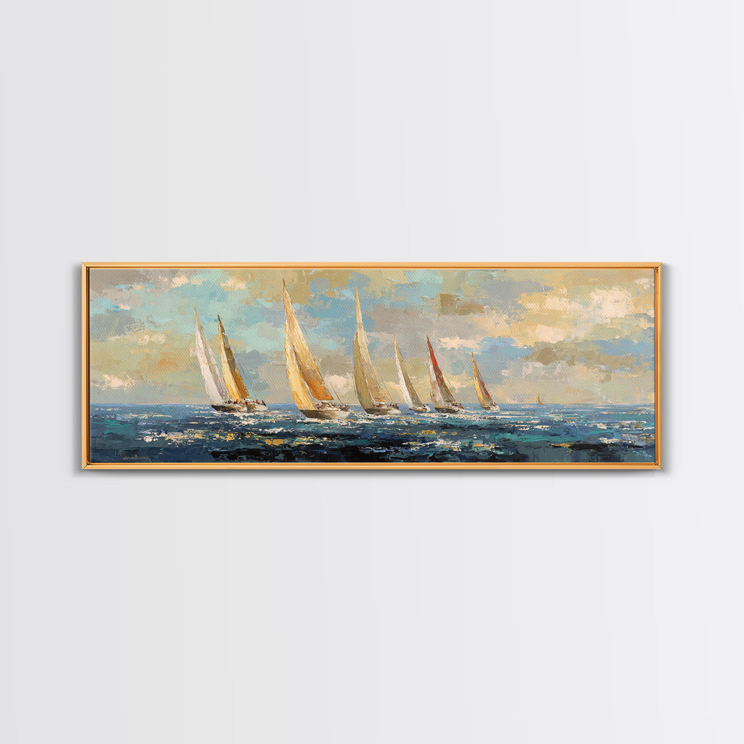 Sailboats on a Bright Sparkling Harbor Canvas Print, Impressionist Art, Landscape Art, Living Room Decor, Abstract Art, IMP-3x1-49