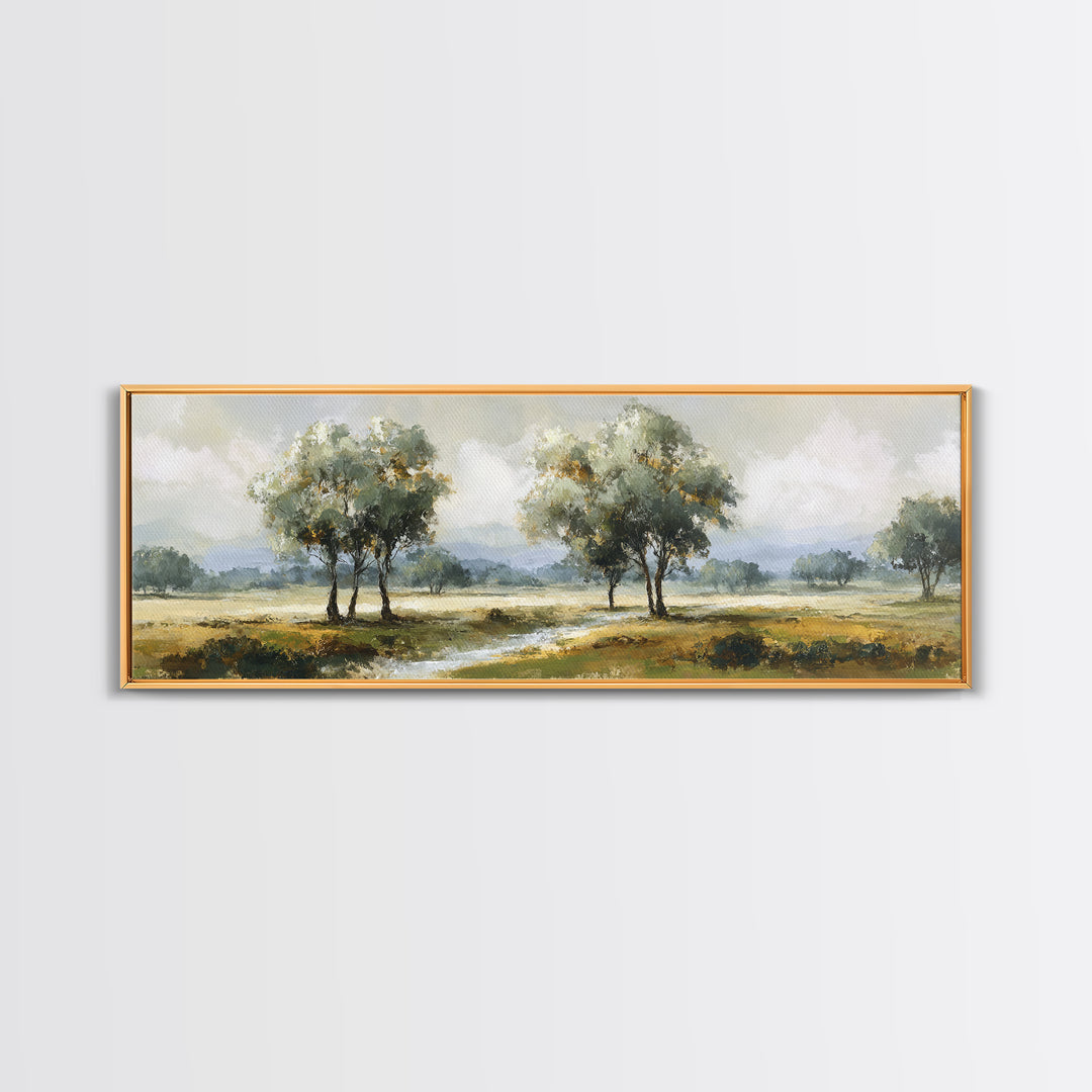 Misty Riverbank with Willow Trees Framed Canvas Print, Impressionist Art, Large Wall Art, Living Room Decor, Impression, IMP-3x1-51