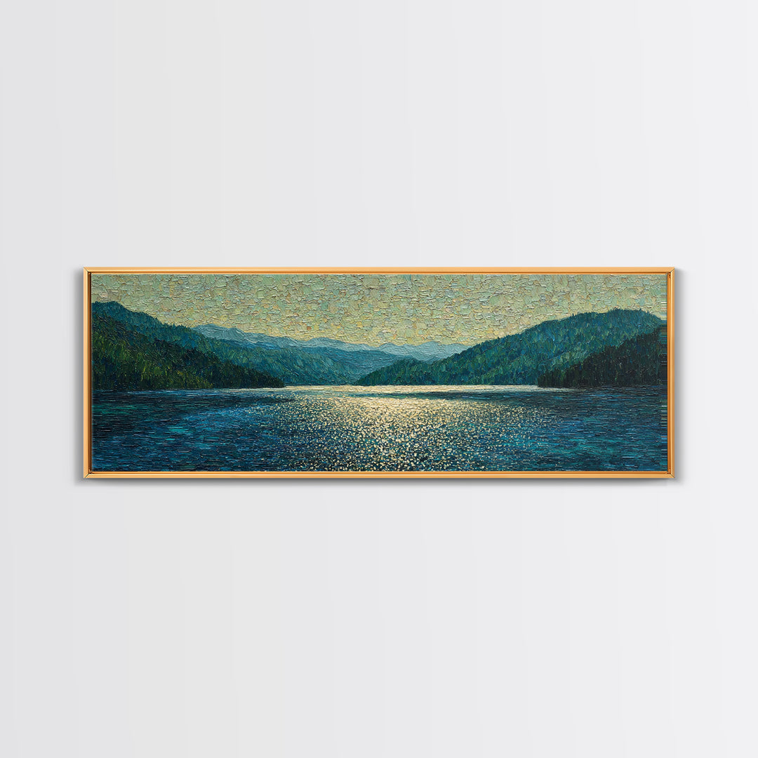Mountain Lake with Sparkling Reflections Framed Canvas Print, Impressionist Art, Luxury Decor, Living Room Decor, Impression, IMP-3x1-64