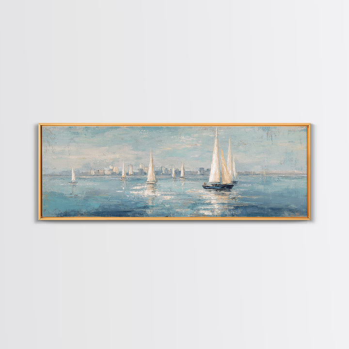 Sailboats on a Bright Sparkling Harbor Framed Canvas Print, Impressionist Art, Neutral Decor, Living Room Decor, Impression, IMP-3x1-73