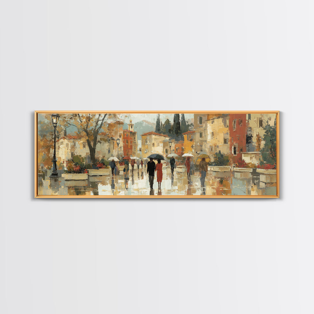 Rainy Boulevard with Umbrella Shapes Canvas Print, Impressionist Art, Living Room Art, Living Room Decor, Abstract Art, IMP-3x1-85